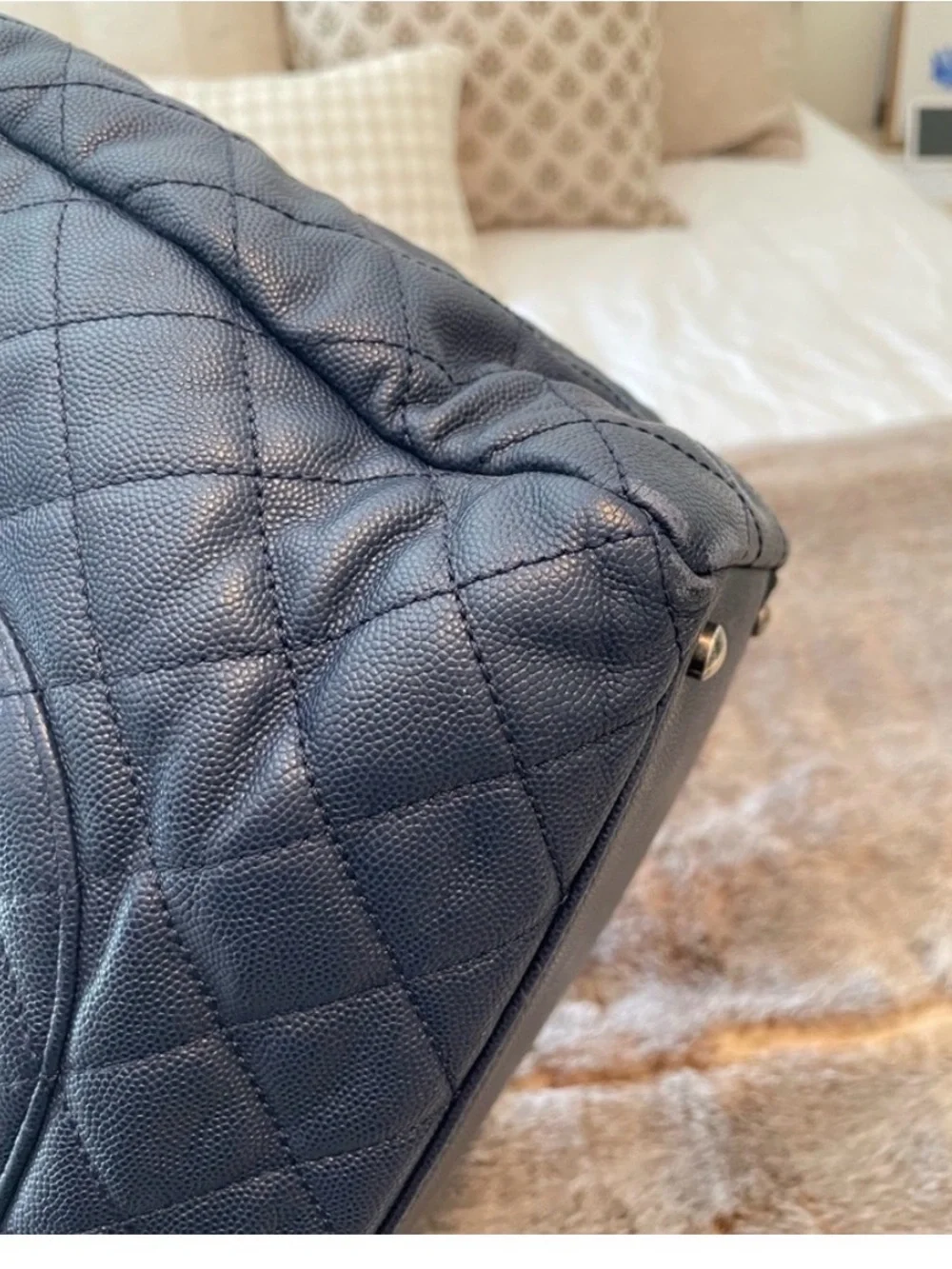 CHANEL Quilted Navy Leather Tote with Chain-Strap Handles Coco Allure